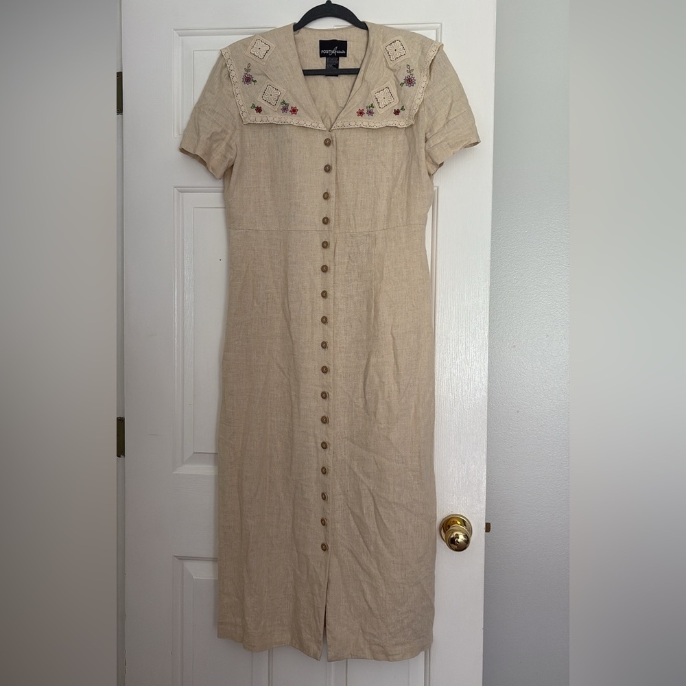 Positive Attitude Cream Button-Front Midi linen Dress with Embroidered Collar